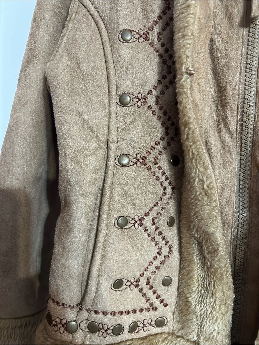 Girls' Tan Faux Suede Shearling Jacket Y2K